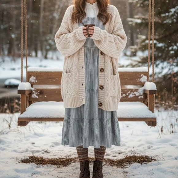 By Together | Midi Tiered US M Dress, Perfect Layering 100% Cotton, Striped - Picture 4 of 7